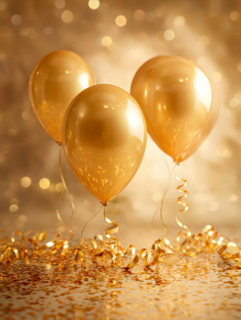 Vibrant golden orbs with elegant curl ribbons float amidst sparkling confetti and soft, glowing bokeh, creating a joyful atmosphere perfect for celebrations.の写真素材