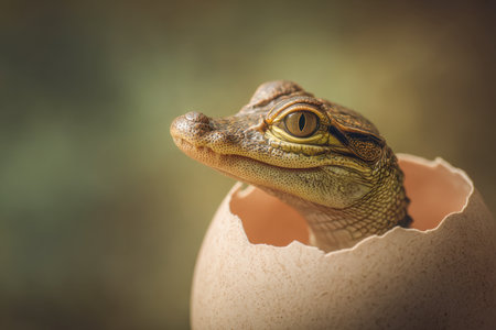 A tiny hatchling emerges from a jagged eggshell, showcasing intricate scale patterns and a striking, luminous eye, bathed in gentle daylight against a subtle, out-ofの写真素材
