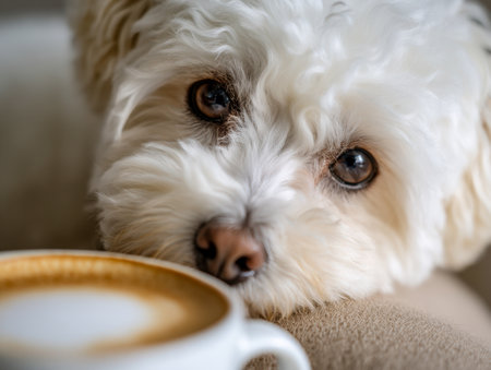 A charming fluffy white pup finds comfort beside a steaming coffee cup, capturing a serene morning vibe with gentle lighting and a tender gaze in soft focus.の写真素材