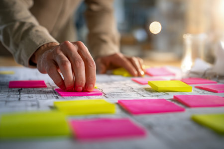 A creative professional arranges vibrant adhesive notes on detailed blueprints, inspiring innovative ideas in a brightly lit, collaborative workspace.の写真素材