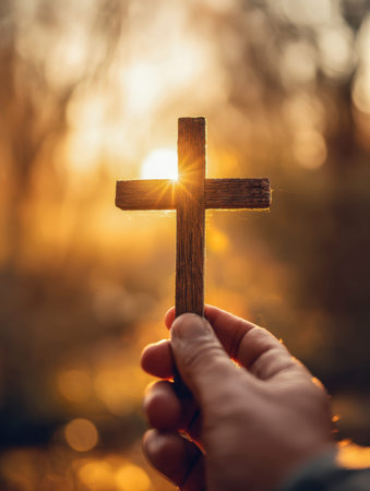 A gentle hand cradles a carved wooden cross as golden sunset rays filter through vibrant forest foliage, creating a serene glow symbolizing hope and devotion.の写真素材