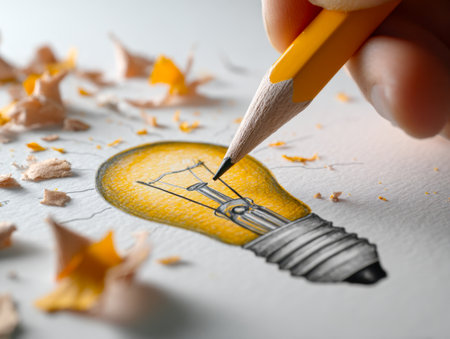 A creative hand illustrates a vibrant yellow bulb on textured white paper, surrounded by colorful shavings, capturing inspiration and innovative thinking.の写真素材