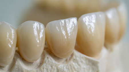 Close-up of intricately crafted ceramic crowns displayed on a plaster cast, highlighting lifelike textures and hues essential for precise dental prosthetic creation.の写真素材