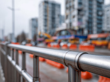 A sharp shot of a metallic railing contrasts with a bustling city backdrop, where motion blur, construction signs, and towering structures blend under cloudy skies.の写真素材