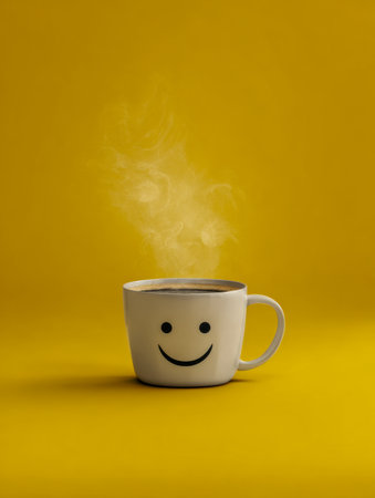 A cheerful morning scene featuring a vibrant yellow backdrop, a playful smiley face mug filled with steaming coffee, evoking warmth, joy, and positive energy.の写真素材