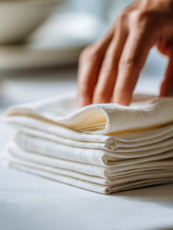 A mindful individual arranges gentle beige linen cloths with care atop a tidy table, exuding warmth and serenity in a welcoming, well-kept home environment.の写真素材