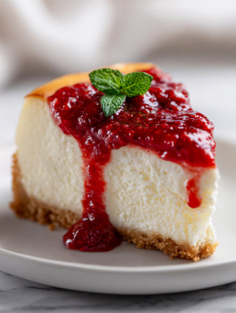 A rich, smooth cheesecake slice draped in glossy berry glaze, garnished with a sprig of mint, resting on a pristine white dish in a warm, inviting ambiance.の写真素材