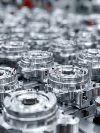 Metal parts meticulously organized along a high-tech assembly process, highlighting cutting-edge craftsmanship and streamlined industrial productivity.の写真素材