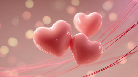 Vibrant pink heart-shaped balloons drift gently amidst a dreamy, blurred backdrop, with graceful red...