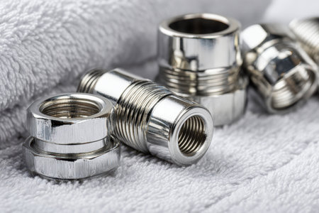 Reflective pipe accessories meticulously grouped on plush white textured fabric, highlighting craftsmanship and precision ideal for plumbing and building applicationの写真素材