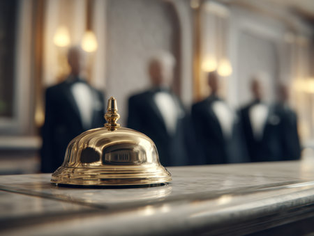 A polished gold bell rests atop a marble counter, with sophisticated hotel personnel in formal black attire softly blurred in an opulent lobby setting.の写真素材