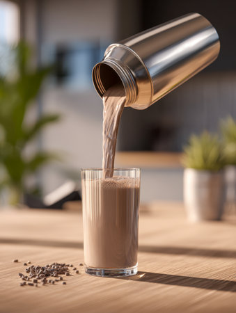 A silky chocolate beverage cascades from a sleek metal container into a glass, garnished with colorful sprinkles, set against a cozy wooden surface with a soft, out-の写真素材
