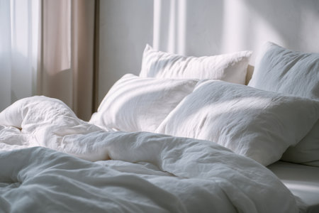 Gentle sunlight filters through sheer drapes, casting a warm glow over a welcoming bed adorned with plush pillows and a gently tousled duvet, evoking calmness and seの写真素材