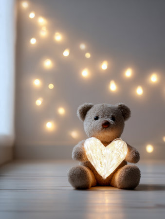 A cuddly teddy rests on a rustic wooden surface, clasping a radiant heart lantern as gentle fairy lights create a warm, inviting glow in the cozy setting.の写真素材