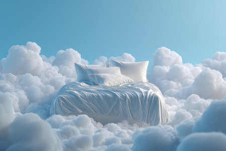 A tranquil scene featuring a plush bed adorned with gentle white cushions and shimmering silk bedding, drifting serenely above a sea of cotton-like clouds beneath aの写真素材