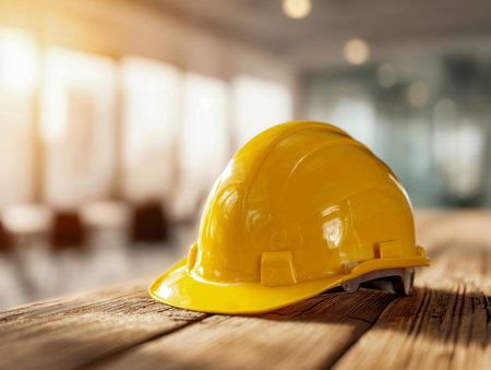 A bright yellow hard hat sits atop a wooden desk, illuminated by natural light, representing safety...