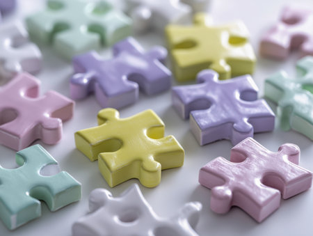 Bright ceramic fragments with shiny finishes lie randomly on a clean background, their gentle pastel hues and blurred backdrop inspiring imaginative ideas and playfuの写真素材