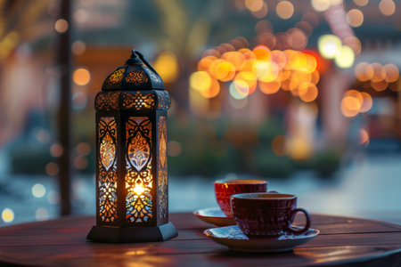 Beautiful arabic lantern emitting light, tea cups on table with charming blurred backgroundの写真素材