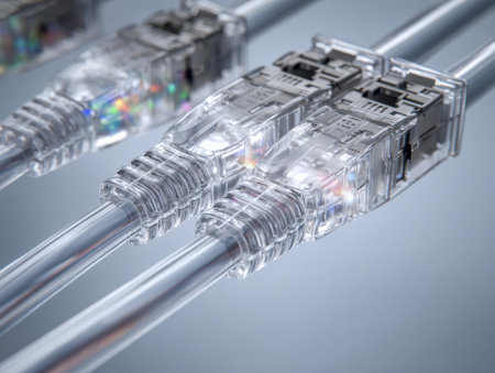 Sleek, clear cables with glossy connectors arranged precisely to evoke cutting-edge connectivity, symbolizing rapid data flow and advanced digital communication systemsの写真素材