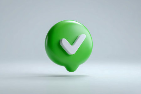 A vibrant green chat symbol featuring a crisp white tick mark, gently positioned on a subtle, calming neutral backdrop, embodying positivity and affirmation.の写真素材
