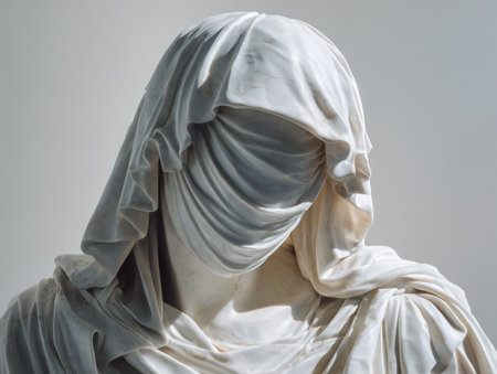 A masterfully sculpted white marble figure cloaked in flowing drapery, its concealed face and shoulders evoke mystery and reverence against a subdued gray backdrop.の写真素材