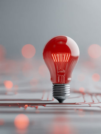 A vibrant red glow casts brilliance over a futuristic circuit assembly, embodying creativity and...