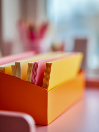 Vibrant file folders neatly arranged within a lively orange organizer, set against a softly blurred backdrop of a luminous, organized office area that inspires produの写真素材