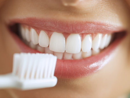 A cheerful woman showcasing bright, flawless teeth as she gently holds a toothbrush close to her lips, highlighting her commitment to oral health and confident smileの写真素材