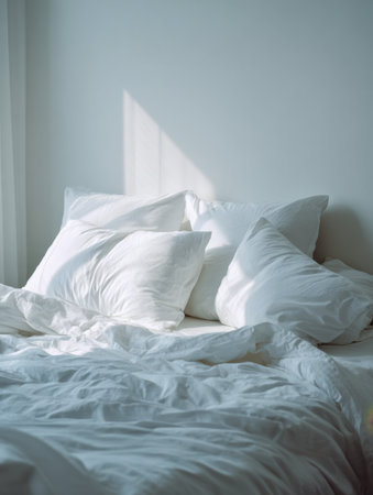 Bright morning light spills over a tranquil bedroom, illuminating a welcoming, slightly tousled bed adorned with plush pillows and gentle fabric folds.の写真素材