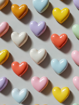 A vibrant display of shiny, heart-shaped items in a diagonal layout on a bright background, evoking...