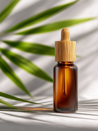 A warm-toned amber dropper container with a sleek bamboo cap rests amidst lush green tropical foliage, highlighting eco-friendly and nourishing skincare or aromatherの写真素材