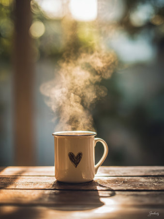 A comforting scene featuring a hand-crafted heart motif on a warm beverage, basked in gentle sunlight on rustic wood, perfect for serene mornings.の写真素材
