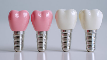A detailed display of dental implant replicas, showing lifelike gum-toned and natural shade crowns with precision metallic anchors on a pristine background.の写真素材