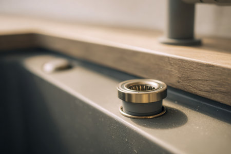 A sleek stainless steel strainer gently rests in a kitchen basin, surrounded by warm wooden accents and bathed in soft sunlight for a cozy, contemporary feel.の写真素材
