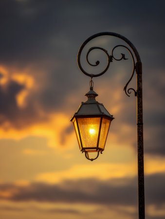 An antique street light casts a gentle amber glow beneath a vibrant sunset, with moody clouds adding depth to the tranquil, nostalgic evening ambiance.の写真素材