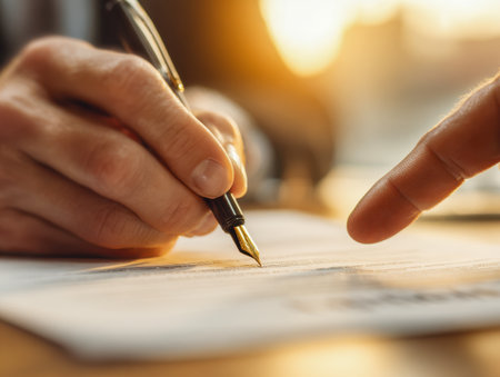 A focused individual carefully endorses a key contract with a refined fountain pen, as a second hand emphasizes a critical clause, illuminated by gentle sunlight on a wooden surface.の写真素材