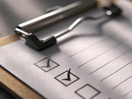 A tidy clipboard with a neatly arranged to-do list, featuring two tasks finalized and marked with green checkmarks, bathed in soft, golden lighting to evoke focus anの写真素材