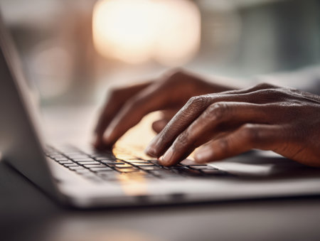 A person's hands glide over a keyboard, illuminated by gentle natural light that creates a calm, concentrated workspace conducive to focused productivity indoors.の写真素材