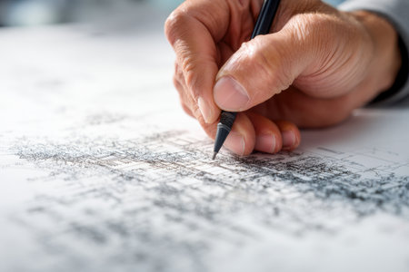 Focused professional meticulously sketches intricate blueprints with a mechanical pencil, embodying precision and expertise in the planning phase of construction.の写真素材