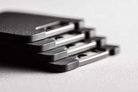 A detailed angled shot of piled black car remotes, highlighting their textured grips and metal...