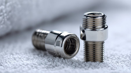 Pair of gleaming metal pipe fittings resting on a textured white background, illuminated by gentle natural light, highlighting precise threading and industrial craftの写真素材
