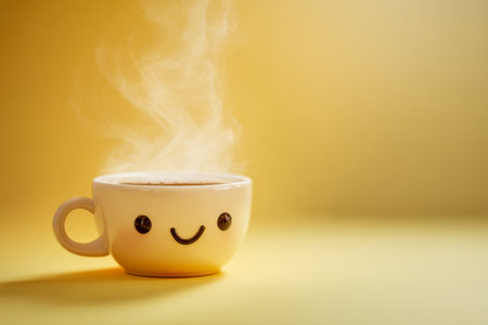 A charming ceramic cup with a joyful expression and gentle curves, emitting swirls of steam against a sunny yellow backdrop, evoking a lively, comforting morning vibの写真素材