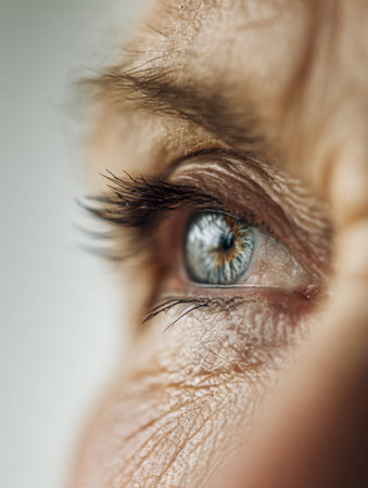 An intimate macro shot highlighting a senior's vibrant blue eye, revealing delicate skin textures...