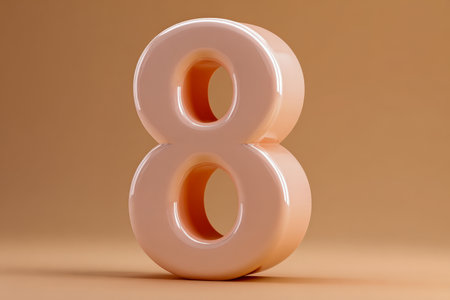 A sleek, polished peach-hued numeral eight sculpture rests against a matching backdrop, evoking contemporary aesthetics and subtle elegance in gentle lighting.の写真素材