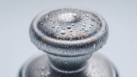 Tiny water beads shimmer on a sleek metal surface, evoking a crisp, invigorating mood enhanced by...