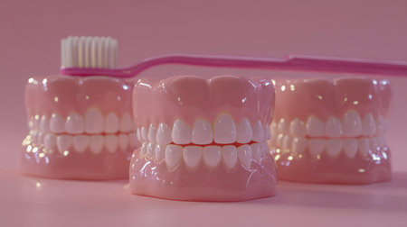 Three detailed dental replicas displayed on a sleek pink background, with a toothbrush casually...