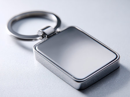 A sleek, reflective metal keychain featuring a smooth rectangular tag that captures gentle light, offering a modern touch to daily essentials.の写真素材