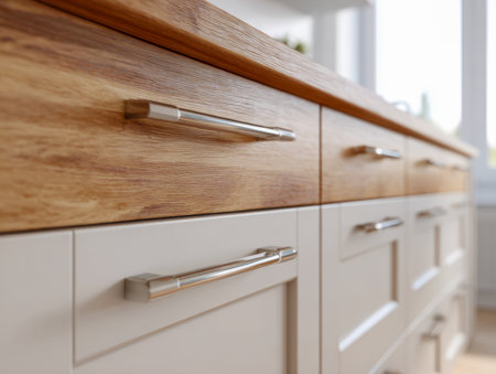 Bright, airy kitchen featuring sleek wood-textured cabinetry with contemporary metal pulls, basking in sunlight streaming through large windows.の写真素材