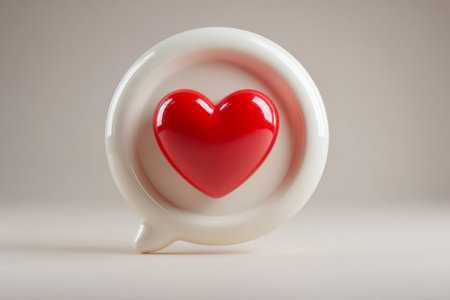 A vibrant red heart comfortably nestled within a sleek, three-dimensional white speech bubble, evoking warmth, connection, and heartfelt conversations.の写真素材