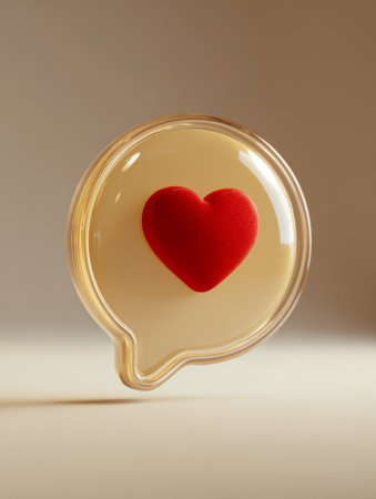 A clear, minimalistic speech icon containing a bold crimson heart, symbolizing warmth, meaningful bonds, and uplifting conversation in a sleek, modern design.の写真素材